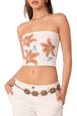 Y2K Style Edikted Tiger Lily Print Cotton Tube Top Floral Summer Tube Top M